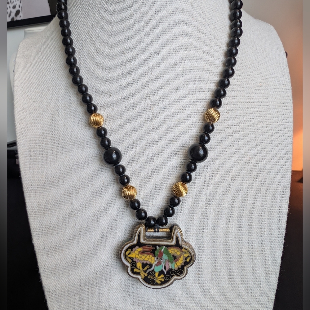 Vintage 925 Les Bernard Obsidian & Cloisonne Sterling Gold Necklace - Estate - Picture 3 of 14